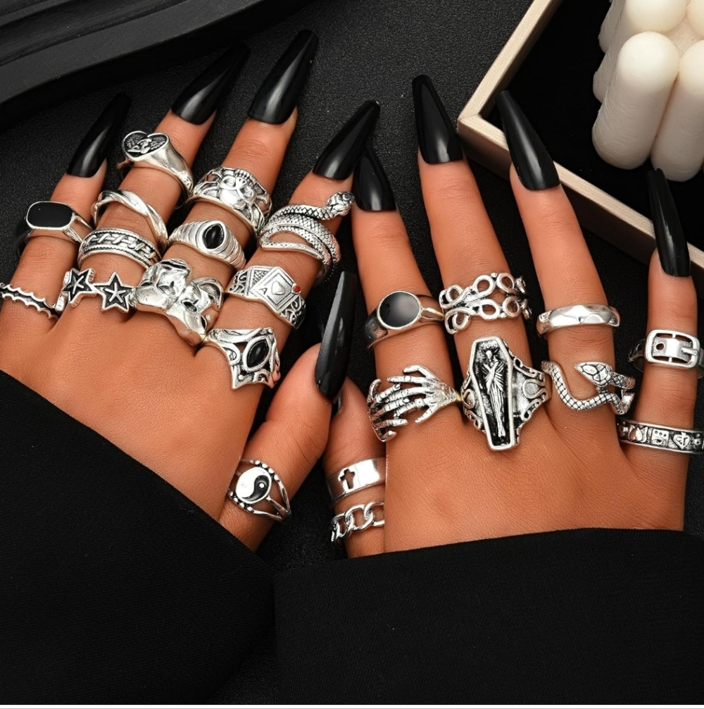 Silver Gothic Mixed Midi & Stackable Rings Set - … - image 1